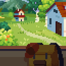 View of the lush green grass, trees, bushes, and buildings of Sugartop through a window from inside a train, with a brown backpack and red baseball cap on the train seat by the window.